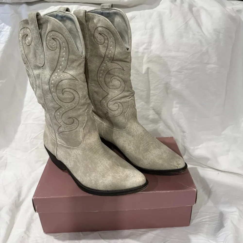 American Rag White Suede Mid Calf Boots Western Cowboy Boho Size 10 Country